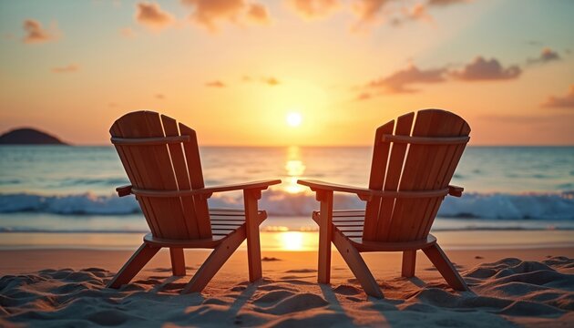 Sea beach with two empty wooden chairs during sunset. Calm sea water waves at orange sky. Summer vacation concept. Holiday destination on island with soft sand landscape. Chairs face ocean horizon. - Powered by Adobe