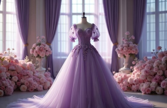 Luxurious purple wedding gown with floral lace bodice and voluminous tulle skirt. Delicate puff sleeves complement the ballgown silhouette. Lush pink roses fill the elegant room. - Powered by Adobe