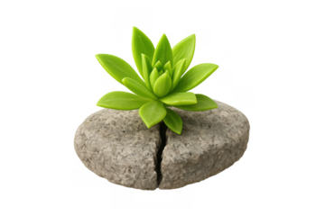 Green succulent plant growing from a cracked rock, conveying concepts of rebirth, survival, perseverance, challenge, and determination. Transparent background