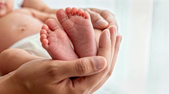 Newborn Baby Feet Close-up in Parent's Hands Gentle Touch