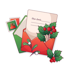 Vector illustration of a Christmas letter to Santa. Envelope, mistletoe, holly leaves, berries, and postage stamp. Cozy holiday design for greeting cards, invitations, decoration of card.