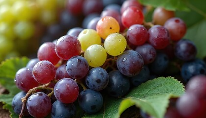 Detailed closeup of colorful grapes. Red, purple, green, yellow berries show water drops on vine leaves. Fresh ripe fruit awaits harvest in vineyard. Healthy organic food for wine making, eating.