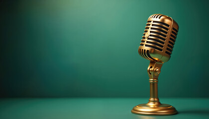 Vintage gold microphone stands on green backdrop. Classic audio device for recording music podcasts interviews. Retro sound equipment with copy space.