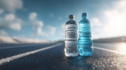 Two Mineral Water Bottles on Track Start Line in Bright Light