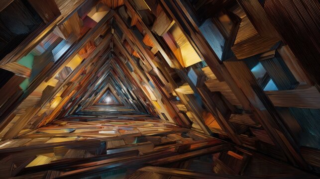Intricate wooden triangular structure creates a mesmerizing perspective looking upward in a modern architectural space