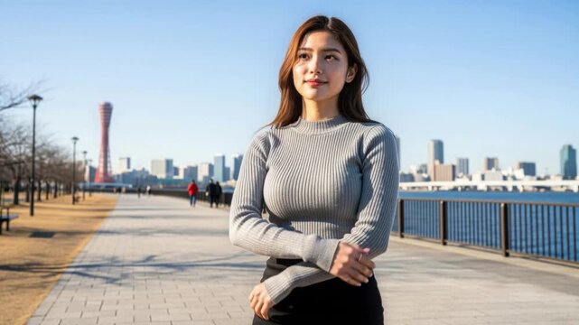 青空の下で港を背景に腕を組み微笑む女性