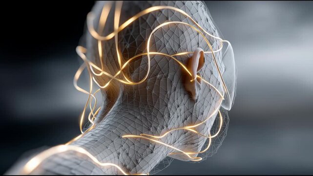 A woman's face is shown with a lot of lines and splatters of gold. The image has a surreal and dreamlike quality to it, with the woman's face appearing to be made of gold and otherworldly elements