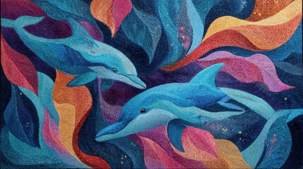 Colorful dolphins swimming through vibrant waves in an abstract underwater scene filled with swirling patterns and textures