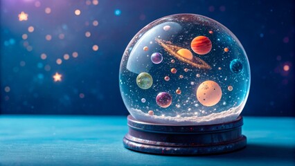 Beautiful celestial snow globe showcasing planets and stars in a colorful design