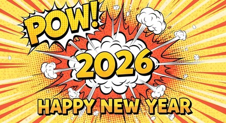 Happy new year 2026 comic book style explosion