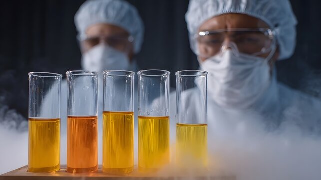 Laboratory experiment with colorful liquids in test tubes surrounded by fog with scientists in protective gear observing