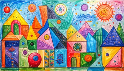 Naklejka premium Funky crayon drawn geometric shapes and doodle lines. Colorful pencil or chalk drawn naive Swiss design aesthetic. Basic geometric shapes, dots, playful pattern, primitive forms and figures.