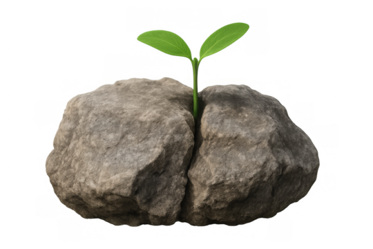 Green sprout pushing through cracked rock, symbolizing new life, resilience, growth, and enduring strength
