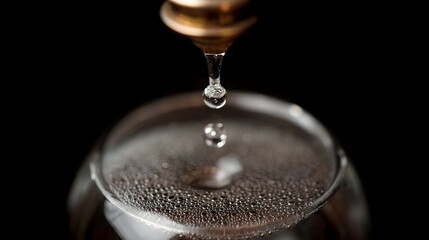 A single water droplet falls into a glass container covered in condensation against a dark background