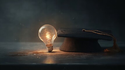 Bright idea symbolizes knowledge beside graduation cap on a dark surface