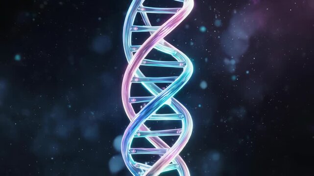 A vibrant, neon-lit DNA double helix twists against a dark, starry backdrop - Powered by Adobe
