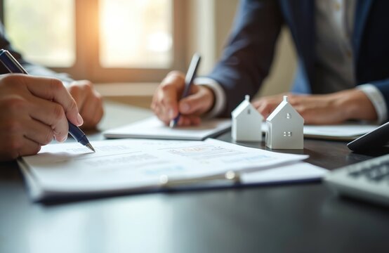 Two people sign property contract at desk. Miniature houses sit on table next to papers and calculator. Business meeting for real estate deal closing, review loan or mortgage papers.