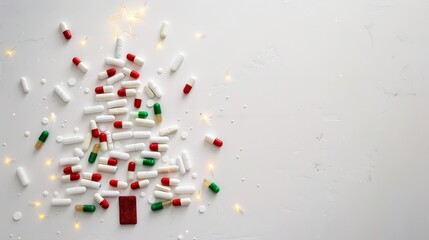 Creative christmas tree made of colorful medicine pills for festive health concept. White background. Horizontal banner. Copy space. Free space for text. For farmacy, drugstore