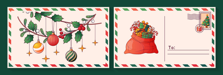 Vector template of Christmas postcard mail design. Illustration of holly branches, baubles, gift bag, and holiday stamps. Use for design, envelope decoration. Holiday, New Year, winter concept.