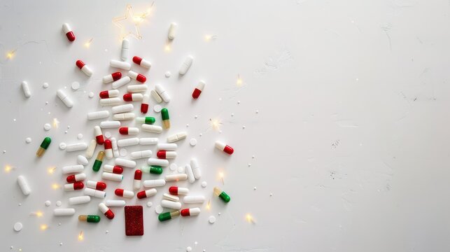 Creative christmas tree made of colorful medicine pills for festive health concept. White background. Horizontal banner. Copy space. Free space for text. For farmacy, drugstore