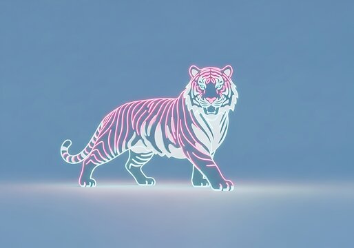 Tiger outline, vivid neon lights, modern minimal design with smooth gradient