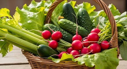 Fresh vegetables in basket organic produce cucumbers radishes celery lettuce healthy eating vegan diet food farm 98