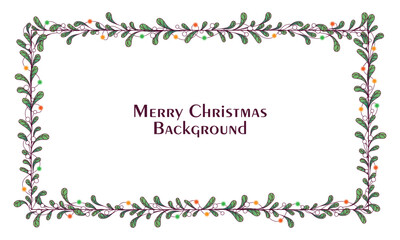 Simple Vector Christmas frame with mistletoe branches and leaves, colorful holiday lights. Winter background for Christmas decoration invitation cards, postcards and posters, banners.