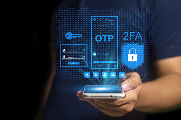 2FA (two-factor authentication) with OTP (one-time password), data protection icons, concept of secure login, cybersecurity, safety, identity verification, and online privacy