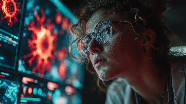 Intense scientist analyzing data visualizations on multiple screens, focused on critical research in a high-tech lab setting