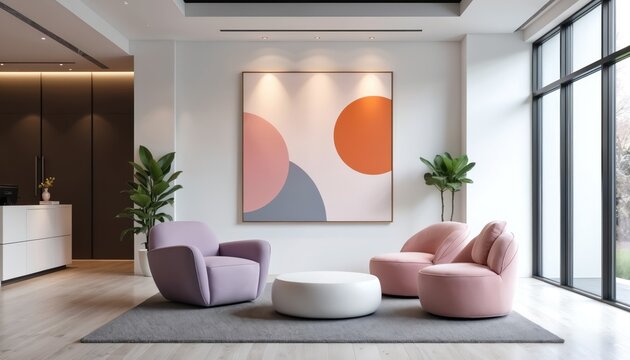 Stylish office interior featuring modern design. Room with armchairs art on wall and big window. Decorative plants and coffee table. Interior design concept space.