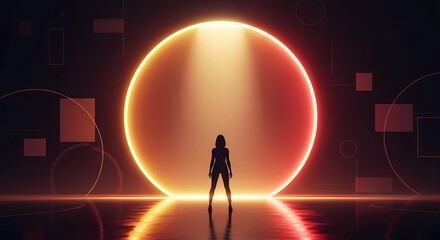 Silhouette of a woman standing before a glowing circle with geometric shapes in the background