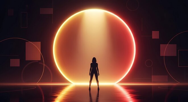 Silhouette of a woman standing before a glowing circle with geometric shapes in the background