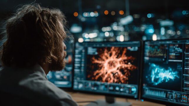Scientist analyzing complex data on computer screens, immersed in research, innovation, and futuristic technology for groundbreaking discoveries - Powered by Adobe