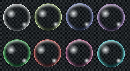 Bubbles, realistic 3d colour soap bubble isolate on vector transparent background. Abstract soap foam or glass bubbles with glossy light