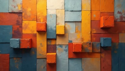 Geometric mosaic pattern with textured blocks in warm autumn colors and cool blue accents. Cubes and rectangles form a visually dynamic and abstract background design.