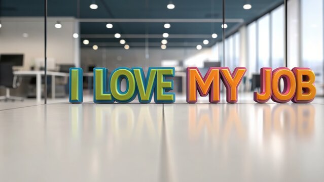 i love my jop Colorful letters spelling "I Love My Job" in a modern office setting, reflecting positivity and motivation.