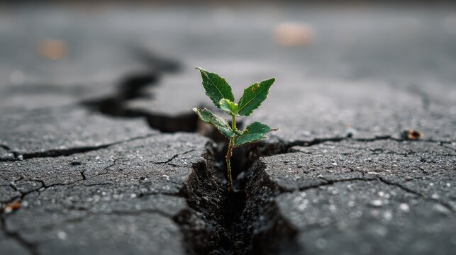Small plant grows through cracked asphalt in an urban setting, symbolizing resilience and nature's persistence in difficult conditions