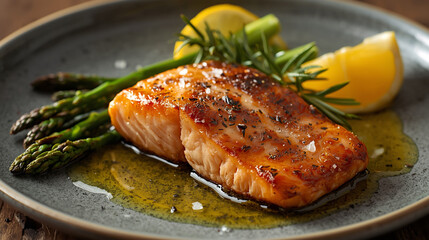 A gourmet plating of succulent baked salmon fillet, perfectly cooked with crispy, golden-brown seared crust