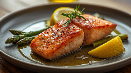 A gourmet plating of a succulent baked salmon fillet, perfectly cooked with crispy, golden-brown seared crust