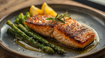 A gourmet plating of succulent baked salmon fillet, perfectly cooked with a crispy, golden-brown seared crust