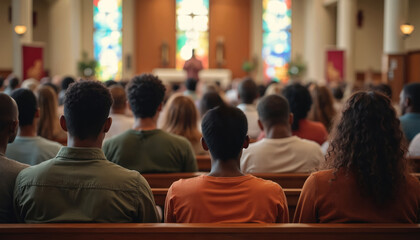 Fototapeta na wymiar Diverse group of adults sits in church pews listening to preacher during Sunday sermon. People gather together for worship service in sanctuary, spiritual community engaged.