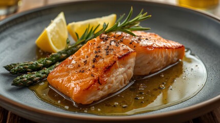 A gourmet plating of a succulent baked salmon fillet, perfectly cooked with a crispy, golden-brown seared crust
