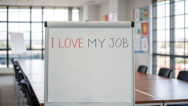 i love my jop A motivational message displayed in a modern office meeting room.