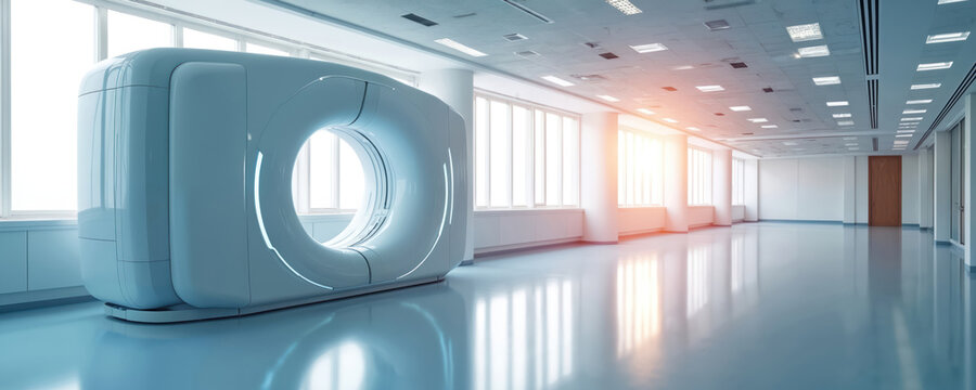 Bright modern hospital interior with CT scanner machine. Clean room panoramic windows, futuristic medical equipment. Health tech concept for diagnostic examination in clinic. Innovation in healthcare.