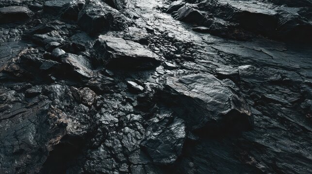 Dark rocky terrain showing jagged stones and textured surfaces under natural lighting in a rugged outdoor setting - Powered by Adobe