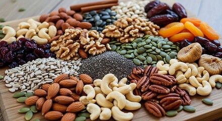 Assorted nuts and seeds healthy snack mix for nutrition diet food almonds walnuts cashews pecans dates figs 98