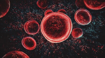 Red cells floating in a dark microscopic environment displaying intricate details and vivid colors