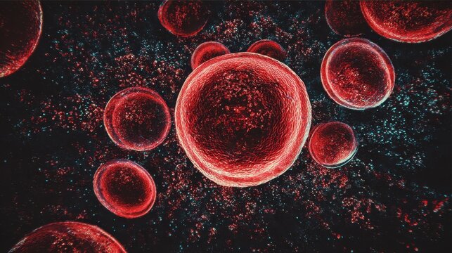 Red cells floating in a dark microscopic environment displaying intricate details and vivid colors - Powered by Adobe