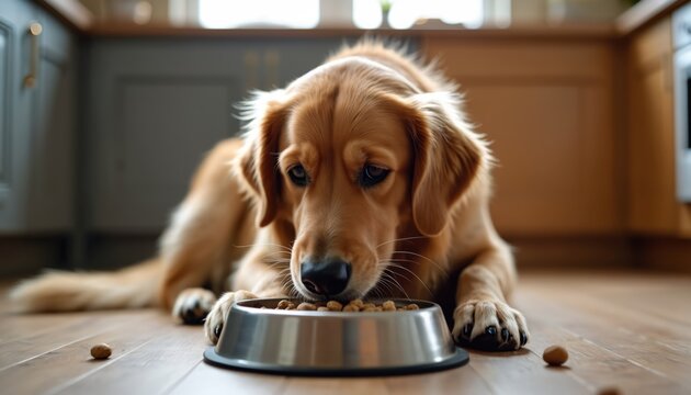 Golden retriever dog eats dry kibble from steel bowl on wood floor. Focused pet enjoys its meal in modern kitchen environment. Healthy doggy nutrition. - Powered by Adobe