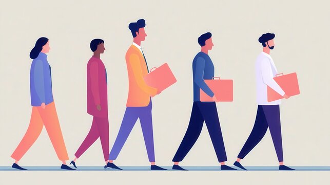 Group of professionals walking together, carrying briefcases in a modern and colorful style during a daytime setting